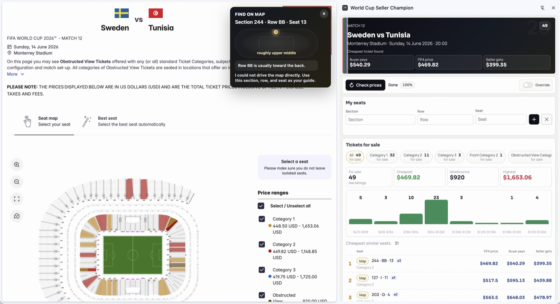Extension showing ticket prices in a table